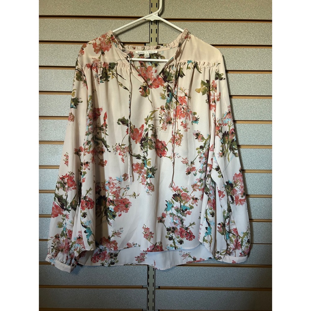 Violet + Claire Floral Ruffle Neck Tie Blouse Cream Pink Blue Size L Romantic